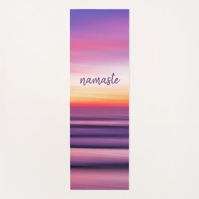 Purple Pink Beach Sunset Ocean Waves Namaste Yoga Mat (Front)