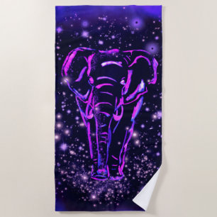 Purple Pink Beach Towel Elephant In Starry Night