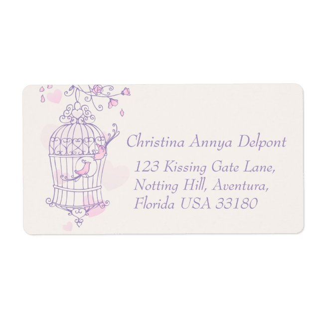 Purple pink bird cage wedding return address label (Front)
