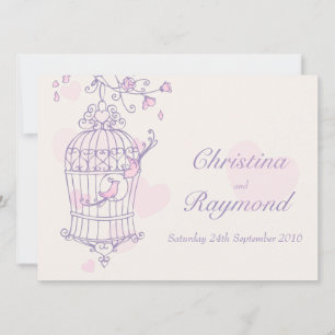 Purple pink birds open cage wedding invitation