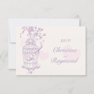Purple & pink birds open cage wedding RSVP Card