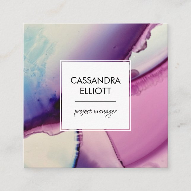 Purple, Pink & Blue Alcohol Ink Liquid Art Square Business Card (Front)