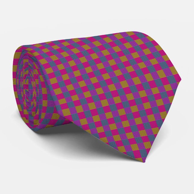 Purple Pink Blue Checked Tartan Design, Tie (Rolled)
