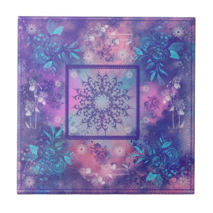 Purple Pink Blue Floral Ceramic Tile