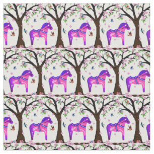 Purple/pink/blue Folk Dala horse/ birds/flowers Fabric