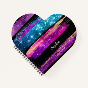 Purple Pink Blue Glitter Stars Brush Strokes Name Notebook