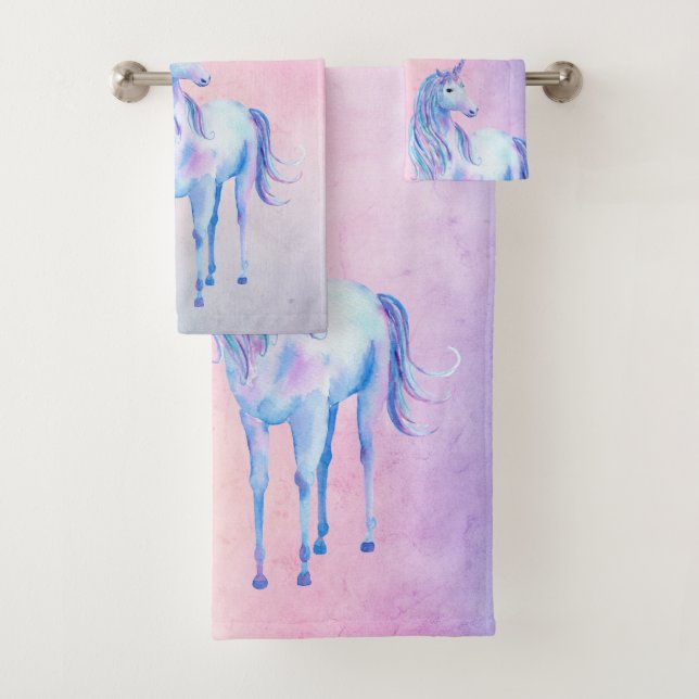 Purple Pink Blue Ombre Glitter Unicorn Bath Towel Set (Insitu)