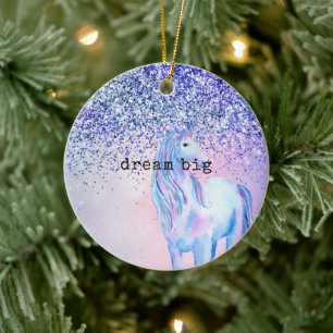 Purple Pink Blue Ombre Glitter Unicorn Ceramic Ornament