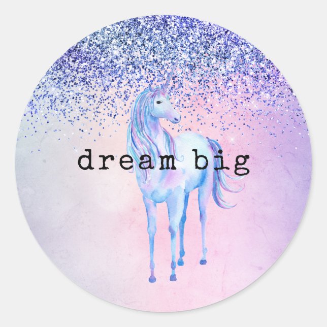 Purple Pink Blue Ombre Unicorn Glitter Classic Round Sticker (Front)