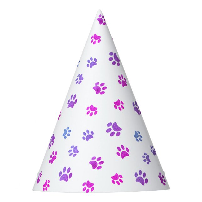 Purple Pink Blue Paw Prints Birthday Party Hat (Front)