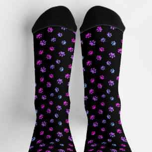 Purple Pink Blue Paw Prints Pattern Black Socks
