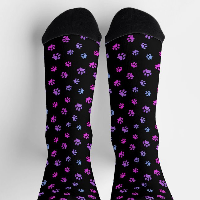 Purple Pink Blue Paw Prints Pattern Black Socks (Top)