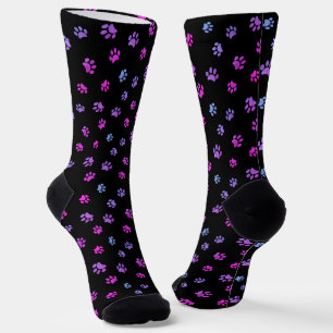 Purple Pink Blue Paw Prints Pattern Black Socks