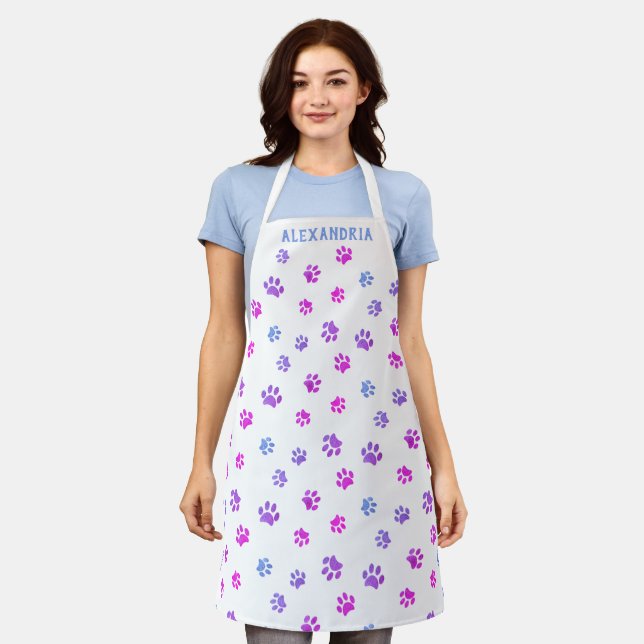 Purple Pink Blue Paw Prints Pattern Custom Apron (Worn)