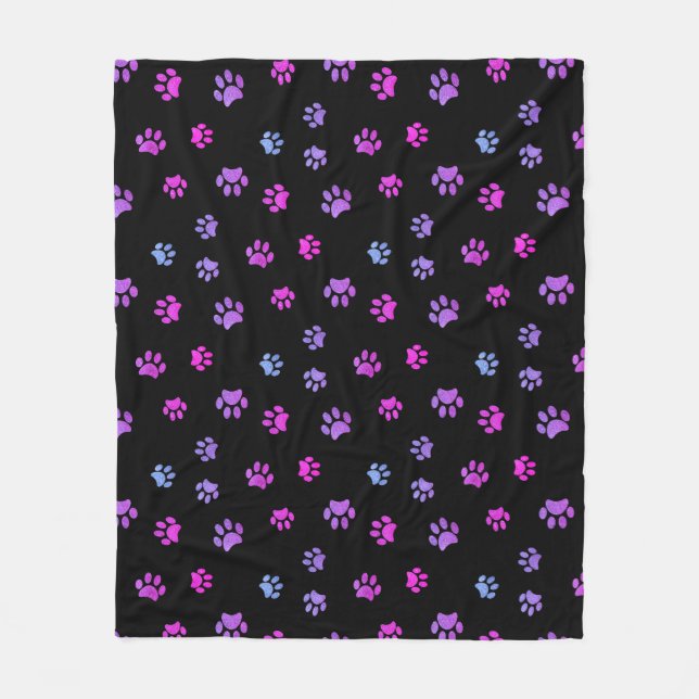Purple Pink Blue Paw Prints Pattern on Black Fleece Blanket (Front)