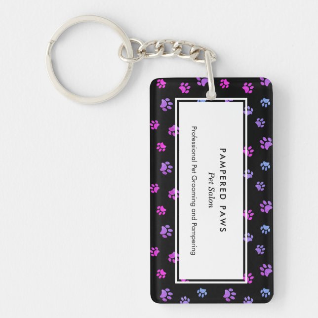 Purple Pink Blue Paw Prints Professional Pet Salon Keychain (Front)