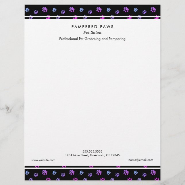 Purple Pink Blue Paw Prints Professional Pet Salon Letterhead (Front)