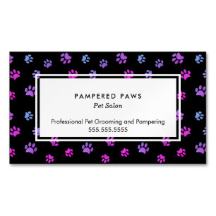 Purple Pink Blue Paw Prints Professional Pet Salon Magnetic Business Card