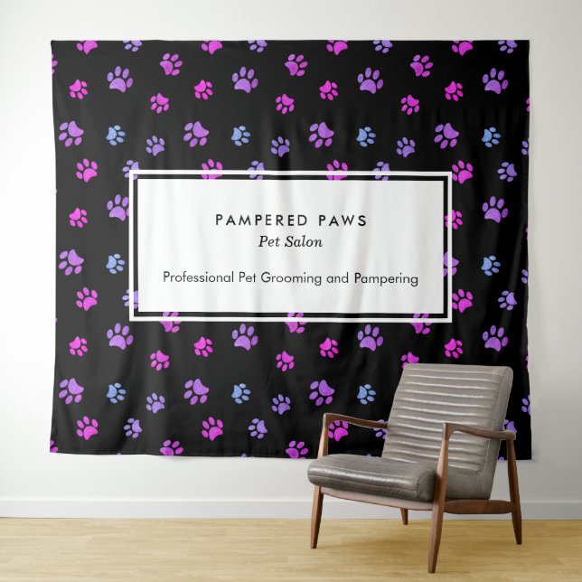 Purple Pink Blue Paw Prints Professional Pet Salon Tapestry (In Situ (Horizontal))