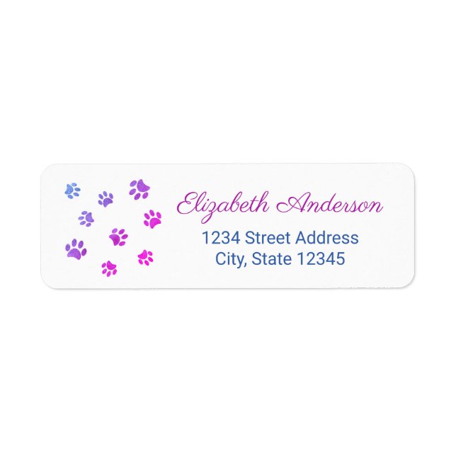 Purple Pink Blue Paw Prints Return Address (Front)