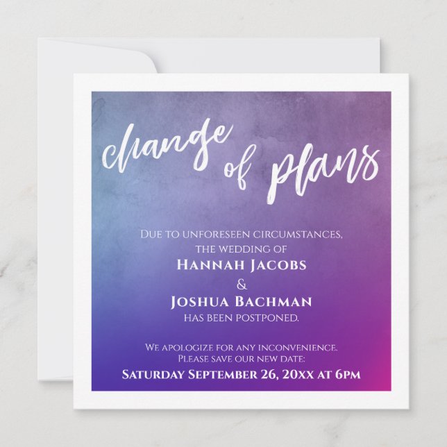 Purple, Pink & Blue Postponed Wedding Update Card (Front)
