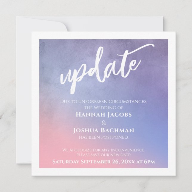 Purple, Pink Blue Postponed Wedding Update Card (Front)