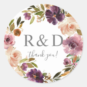 Purple & Pink Blush Floral Monogram - Classic Rou Classic Round Sticker