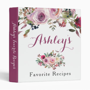 Purple Pink Boho Chic Rose Floral Recipe Binder