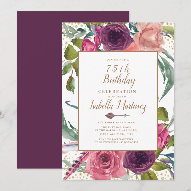 Purple Pink Boho Feather Floral Gold 75th Birthday Invitation (Front/Back)