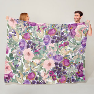 Purple Pink Boho Watercolor Flowers Fleece Blanket