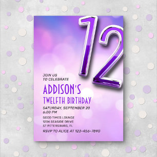 Purple Pink Bokeh 12th Birthday Invitation