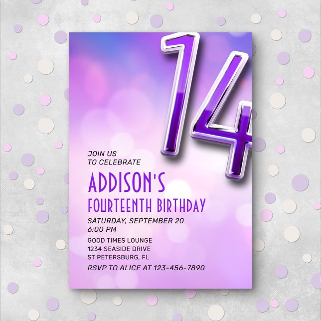 Purple Pink Bokeh 14ème anniversaire Invitation (Créateur téléchargé)
