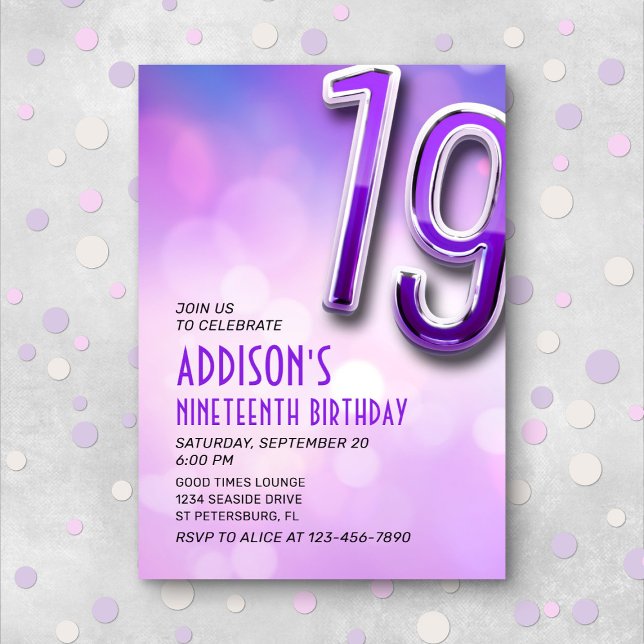 Purple Pink Bokeh 19ème anniversaire Invitation (Créateur téléchargé)