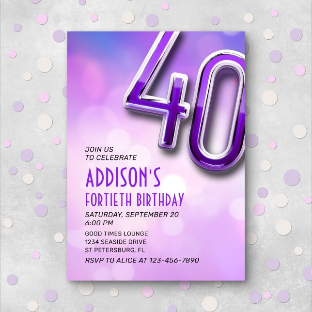 Purple Pink Bokeh 40th Birthday Invitation (Creator Uploaded)