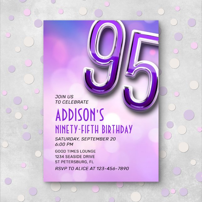 Purple Pink Bokeh 95th Birthday Invitation (Creator Uploaded)