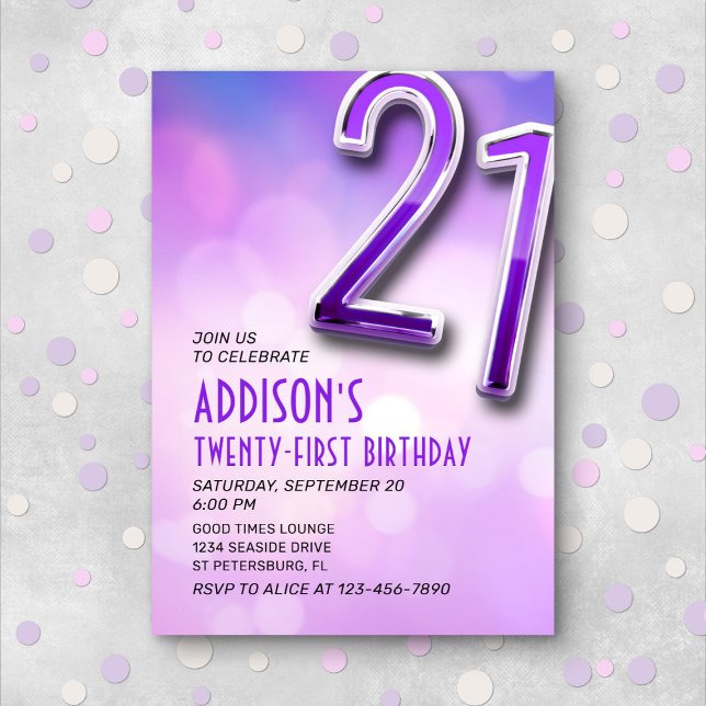 Purple Pink Bokeh Invitation du 21e anniversaire (Créateur téléchargé)