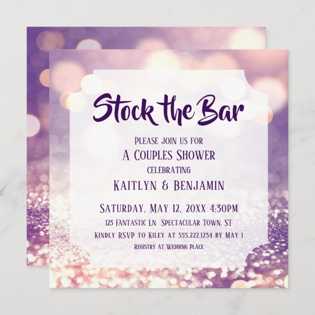 Purple & Pink Bokeh, Stock the Bar Couples Shower Invitation (Front/Back)