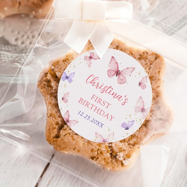 Purple Pink Bow Butterfly Birthday Party Classic Round Sticker (Creator Uploaded)