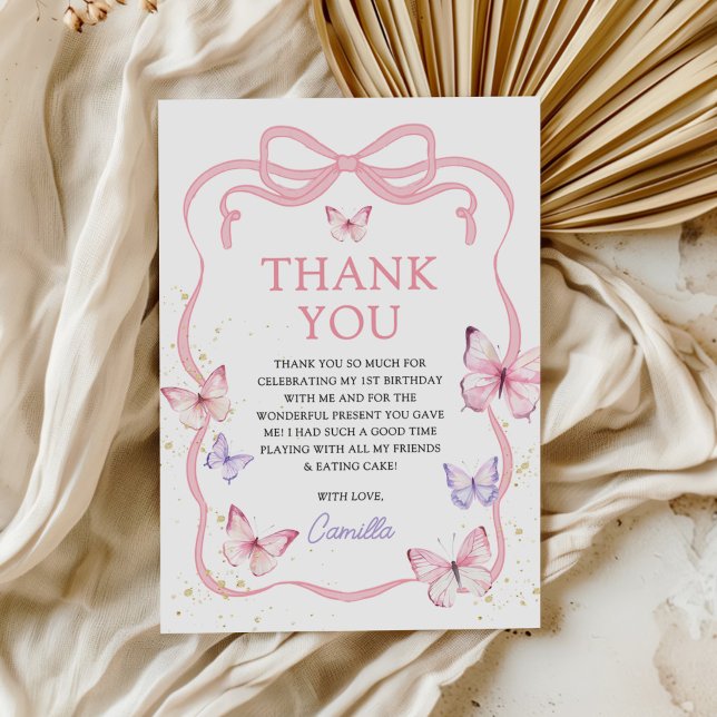 Purple Pink Bow Butterfly Girl Birthday Party Thank You Card (Creator Uploaded)