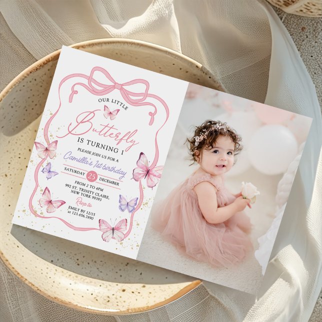 Purple Pink Bow Butterfly Girl Birthday Photo Invitation (Creator Uploaded)