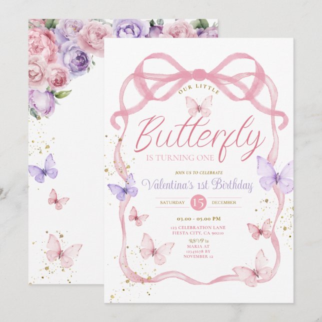 Purple Pink Bow Our Little Butterfly Birthday Invitation (Front/Back)