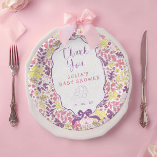 Purple Pink Bow Wildflowers Blooms Baby Shower Paper Plate