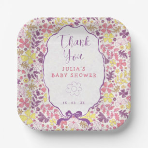 Purple Pink Bow Wildflowers Blooms Baby Shower Paper Plate