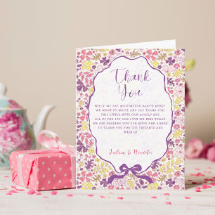 Purple Pink Bow Wildflowers Blooms Baby Shower Thank You Card