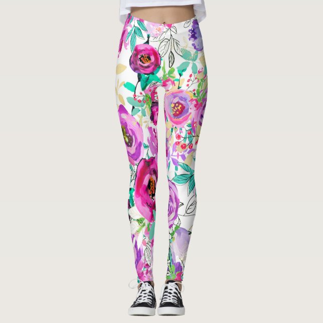 Purple Pink Bright Colourful Bold Modern Floral Leggings (Front)