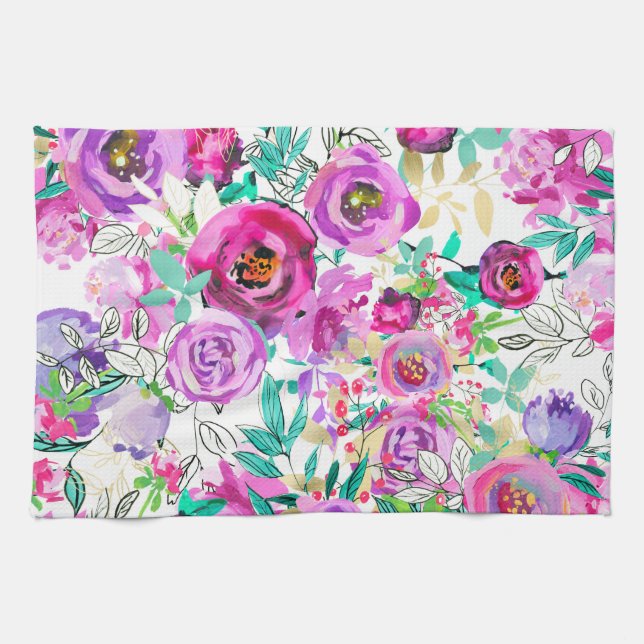 Purple Pink Bright Colourful Modern Floral Pattern Kitchen Towel (Horizontal)