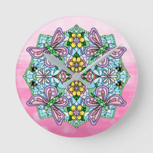 Purple, Pink Butterflies and Flowers Mandala Round Clock