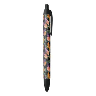 Purple Pink Butterflies Yellow Flowers Black Ink Pen