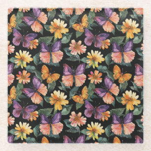 Purple Pink Butterflies Yellow Flowers Glass Coaster
