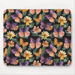 Purple Pink Butterflies Yellow Flowers Mouse Pad